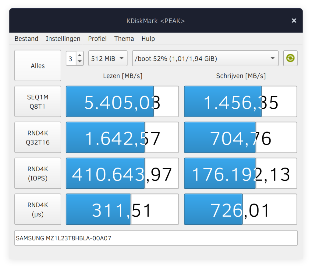 KDiskmark results for a plain xfs volume