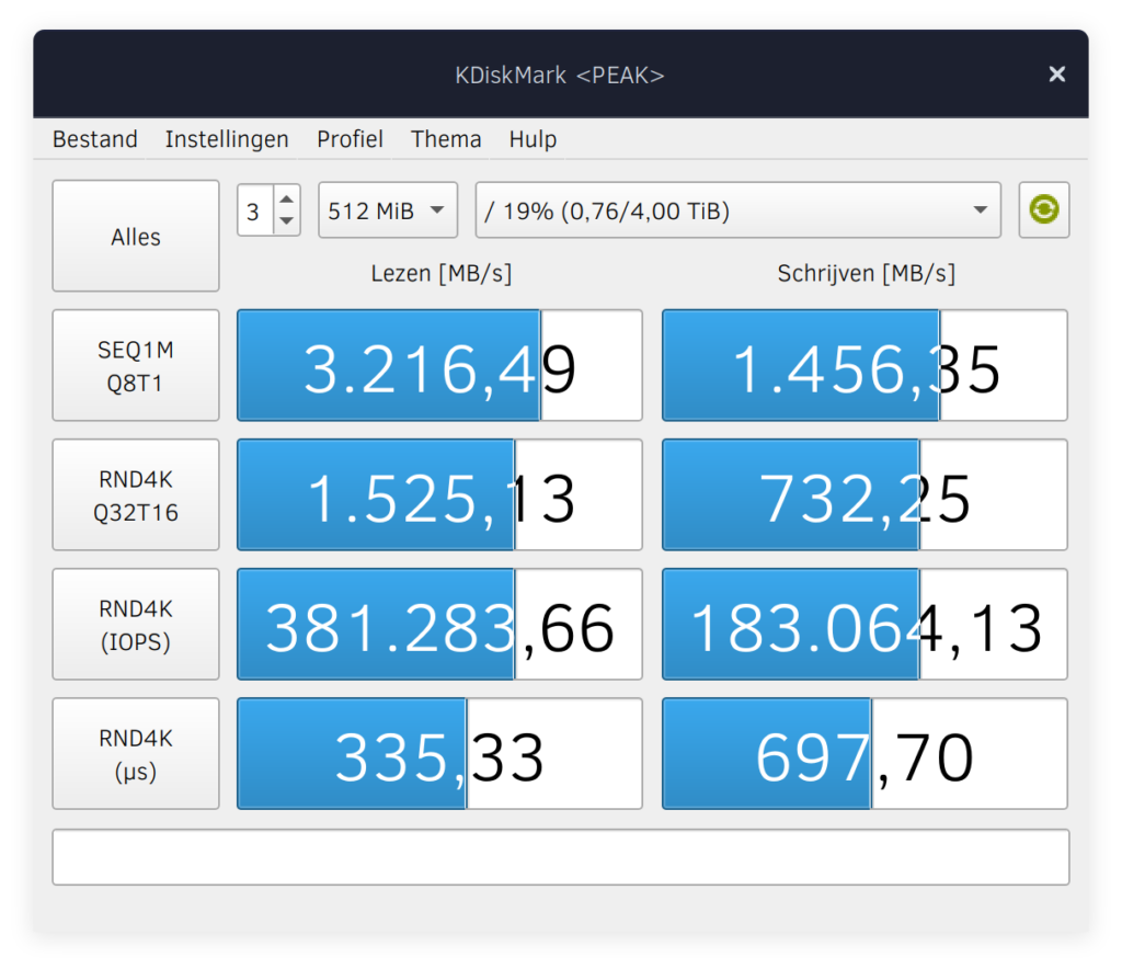 KDiskmark result voor a LVM VDO volume